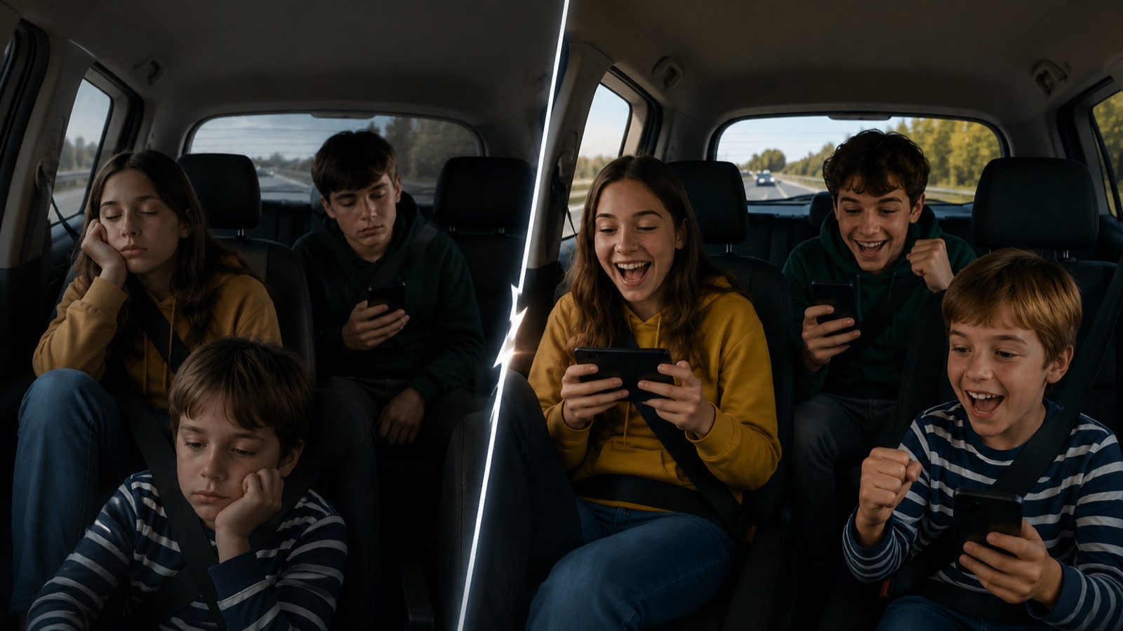 À gauche des passagers qui s'ennuient sur l'autoroute, à droite les mêmes qui s'amusent en jouant à Convoi.